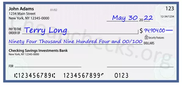 Ninety Four Thousand Nine Hundred Four and 00/100 filled out on a check