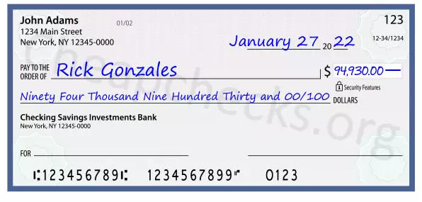 Ninety Four Thousand Nine Hundred Thirty and 00/100 filled out on a check