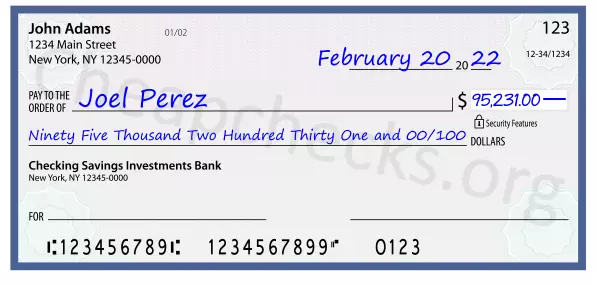 Ninety Five Thousand Two Hundred Thirty One and 00/100 filled out on a check