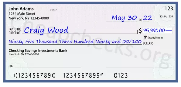 Ninety Five Thousand Three Hundred Ninety and 00/100 filled out on a check