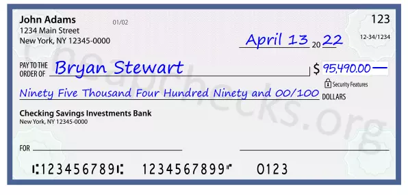 Ninety Five Thousand Four Hundred Ninety and 00/100 filled out on a check