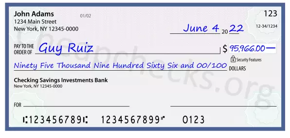 Ninety Five Thousand Nine Hundred Sixty Six and 00/100 filled out on a check