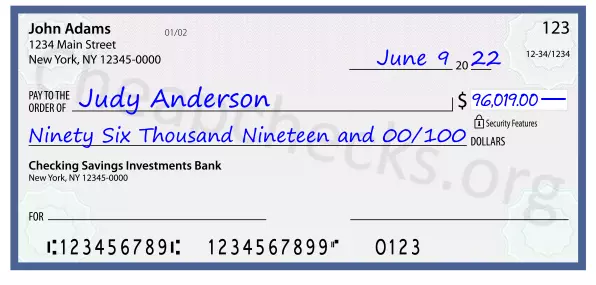 Ninety Six Thousand Nineteen and 00/100 filled out on a check