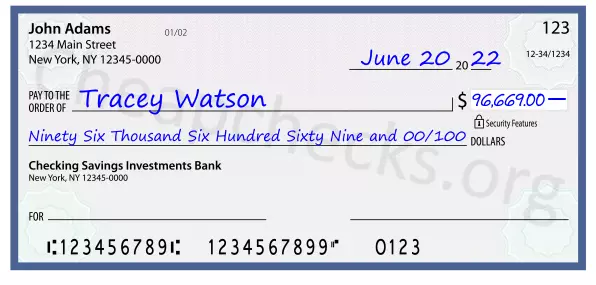 Ninety Six Thousand Six Hundred Sixty Nine and 00/100 filled out on a check