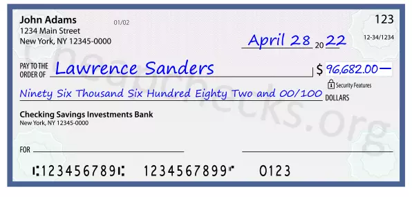 Ninety Six Thousand Six Hundred Eighty Two and 00/100 filled out on a check