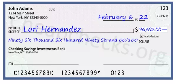 Ninety Six Thousand Six Hundred Ninety Six and 00/100 filled out on a check