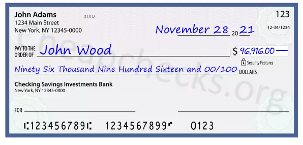 Ninety Six Thousand Nine Hundred Sixteen and 00/100 filled out on a check