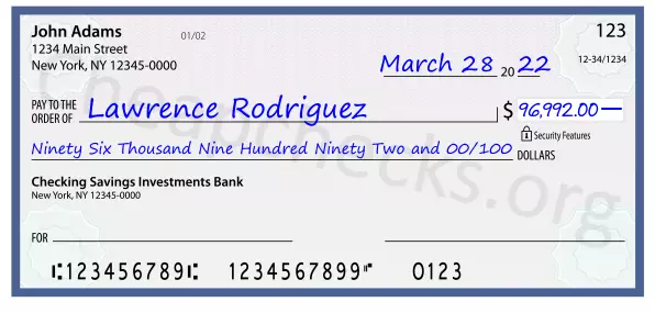 Ninety Six Thousand Nine Hundred Ninety Two and 00/100 filled out on a check