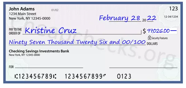 Ninety Seven Thousand Twenty Six and 00/100 filled out on a check