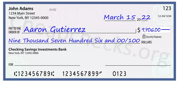 Nine Thousand Seven Hundred Six and 00/100 filled out on a check