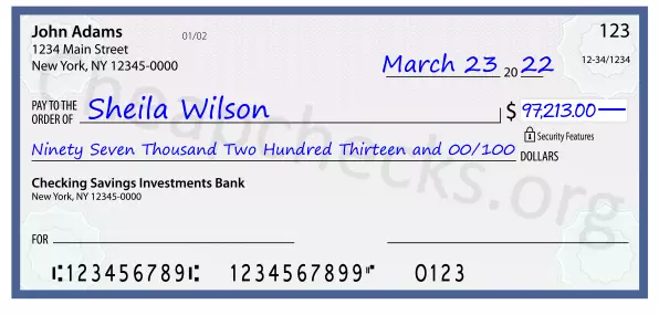 Ninety Seven Thousand Two Hundred Thirteen and 00/100 filled out on a check