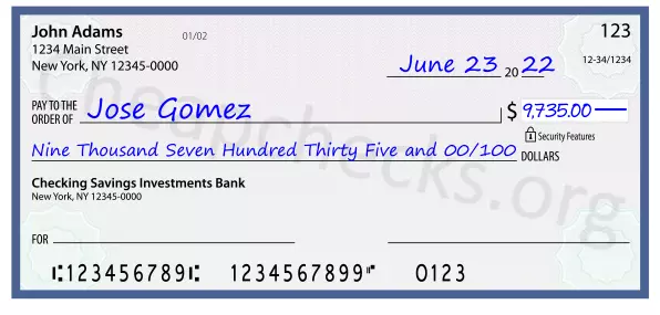 Nine Thousand Seven Hundred Thirty Five and 00/100 filled out on a check