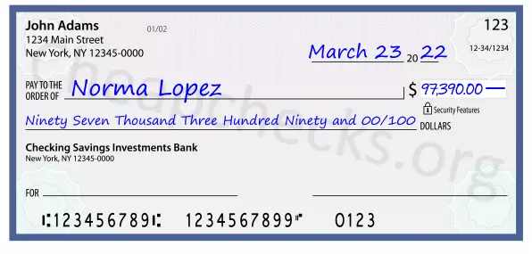 Ninety Seven Thousand Three Hundred Ninety and 00/100 filled out on a check