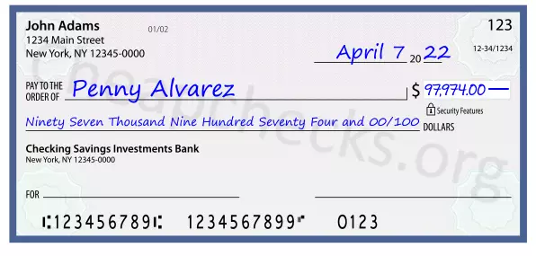 Ninety Seven Thousand Nine Hundred Seventy Four and 00/100 filled out on a check