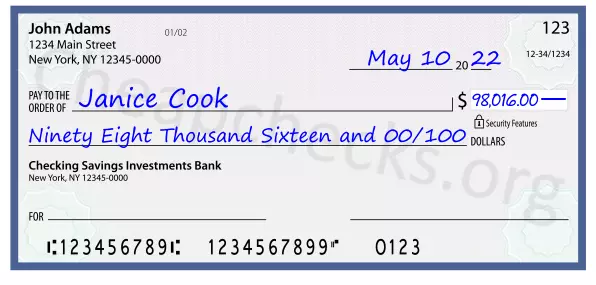 Ninety Eight Thousand Sixteen and 00/100 filled out on a check