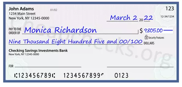 Nine Thousand Eight Hundred Five and 00/100 filled out on a check