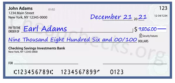 Nine Thousand Eight Hundred Six and 00/100 filled out on a check