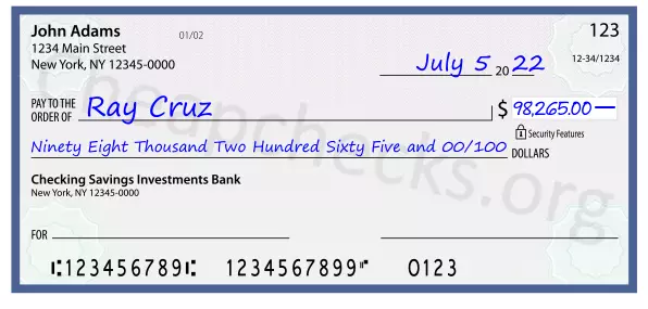 Ninety Eight Thousand Two Hundred Sixty Five and 00/100 filled out on a check