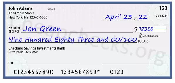 Nine Hundred Eighty Three and 00/100 filled out on a check