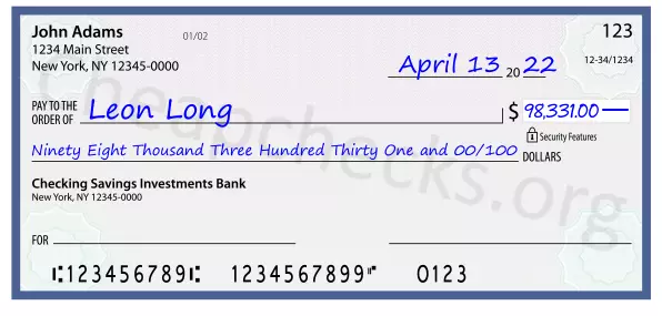 Ninety Eight Thousand Three Hundred Thirty One and 00/100 filled out on a check