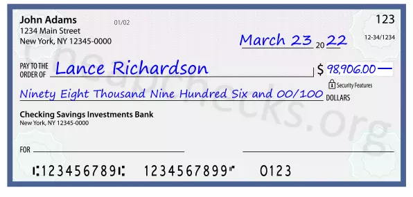 Ninety Eight Thousand Nine Hundred Six and 00/100 filled out on a check