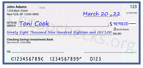 Ninety Eight Thousand Nine Hundred Eighteen and 00/100 filled out on a check