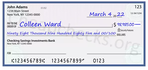 Ninety Eight Thousand Nine Hundred Eighty Five and 00/100 filled out on a check