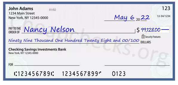 Ninety Nine Thousand One Hundred Twenty Eight and 00/100 filled out on a check