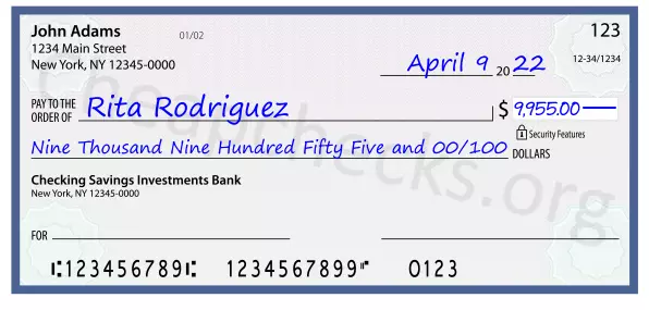 Nine Thousand Nine Hundred Fifty Five and 00/100 filled out on a check