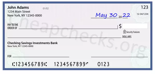 May 30, 2022 date filled out on a check