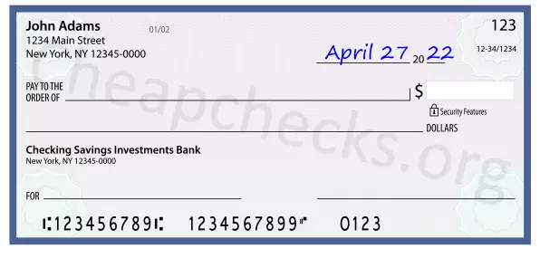 April 27, 2022 date filled out on a check