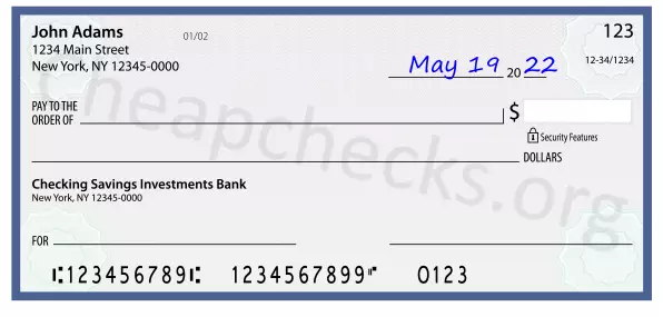 May 19, 2022 date filled out on a check