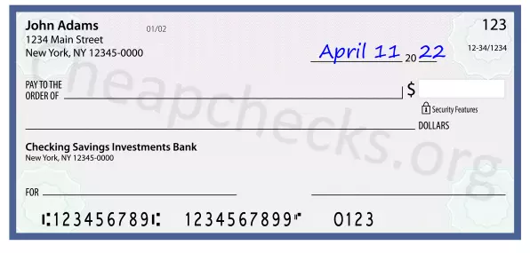 April 11, 2022 date filled out on a check