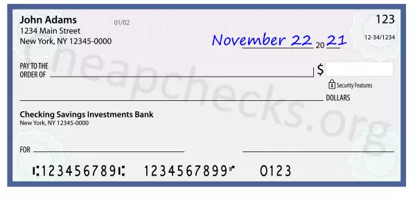 November 22, 2021 date filled out on a check