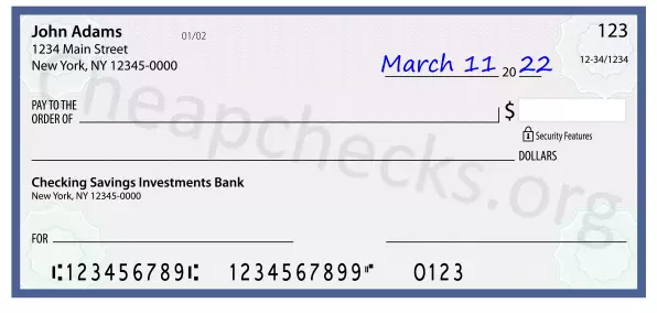 March 11, 2022 date filled out on a check