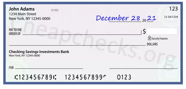 December 28, 2021 date filled out on a check