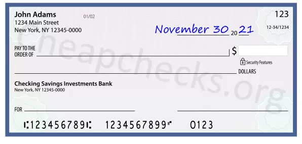 November 30, 2021 date filled out on a check