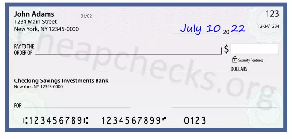 July 10, 2022 date filled out on a check