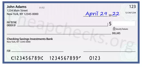 April 29, 2022 date filled out on a check