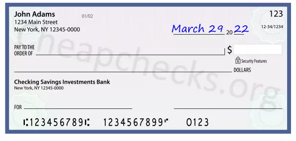 March 29, 2022 date filled out on a check