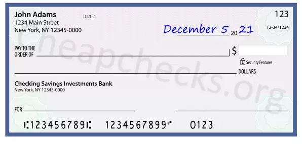 December 5, 2021 date filled out on a check