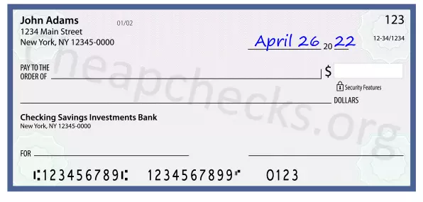 April 26, 2022 date filled out on a check