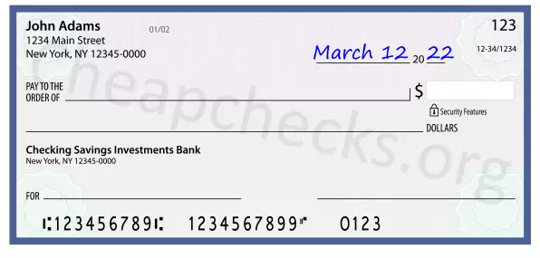 March 12, 2022 date filled out on a check