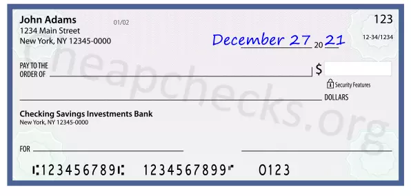 December 27, 2021 date filled out on a check