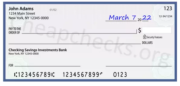 March 7, 2022 date filled out on a check