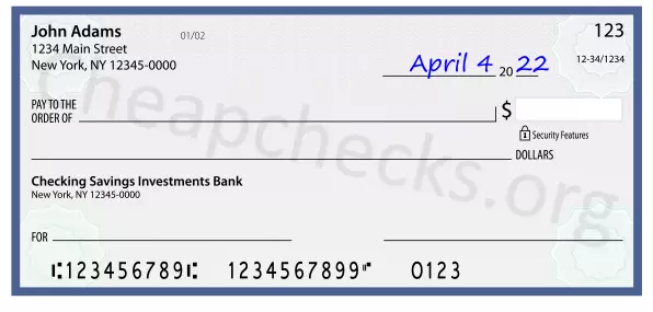 April 4, 2022 date filled out on a check
