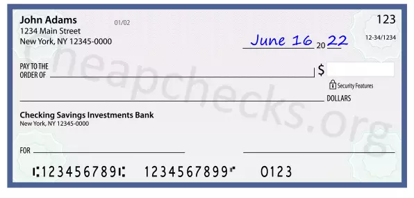 June 16, 2022 date filled out on a check