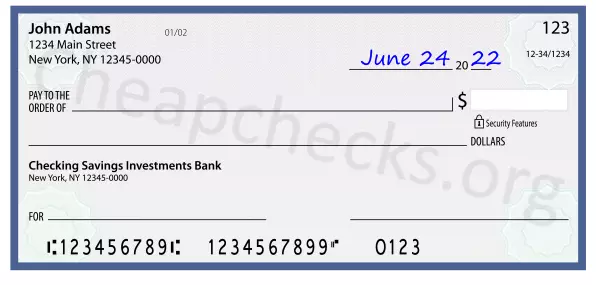 June 24, 2022 date filled out on a check