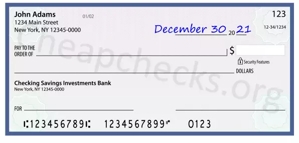 December 30, 2021 date filled out on a check