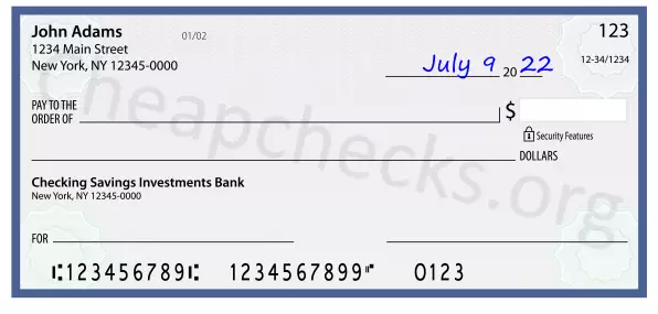July 9, 2022 date filled out on a check